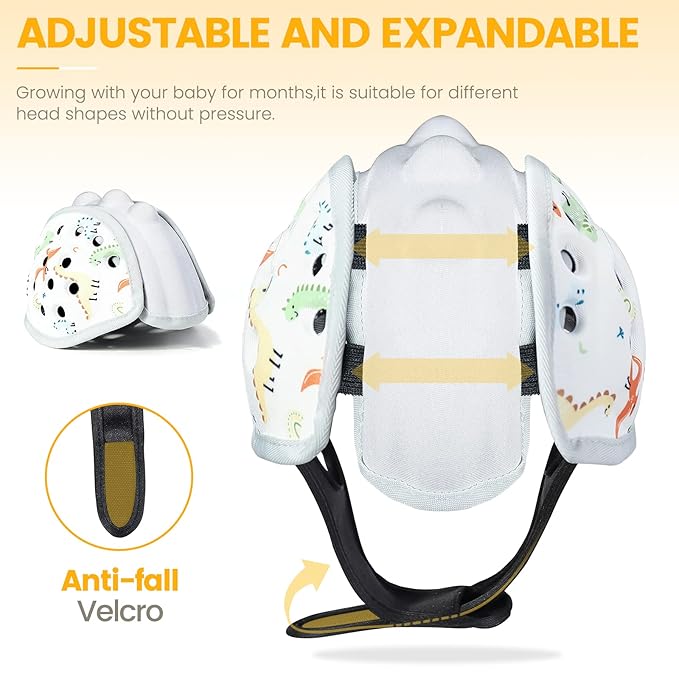 Baby Head Protector for Crawling and Walking, Anti-Collision Soft Infant Helmet for 6-24 Months, Breathable & Ultra-Lightweight & Expandable and Adjustable (Gray Dinosaur)
