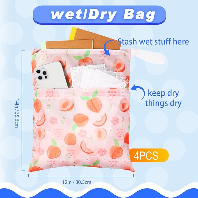 Frienda 4 Pieces Cloth Diaper Wet Dry Bag, Waterproof Reusable Washable Bag for Baby Items and Travel Zippered Pockets with Handle, Beach, Swimsuit, Dirty Gym Clothes and Toiletries(Fruit)