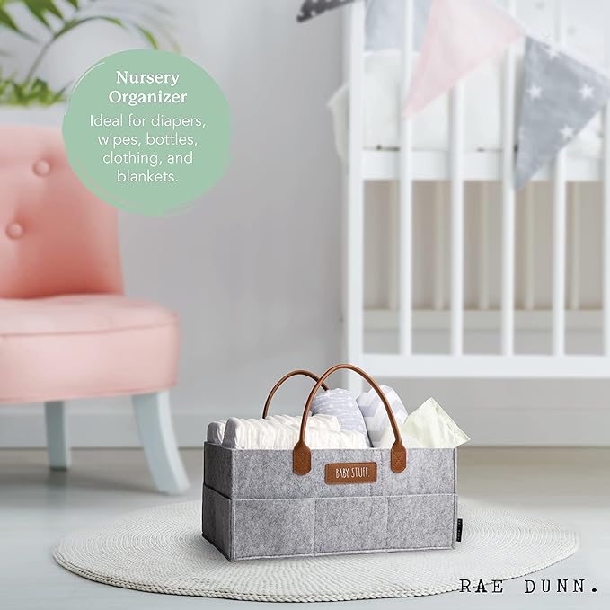 Rae Dunn Baby Diaper Caddy Organizer, Nursery Storage for Changing Table and Car, Portable Basket for Items, Shower Gifts, Grey Felt With Leather Handles, Large