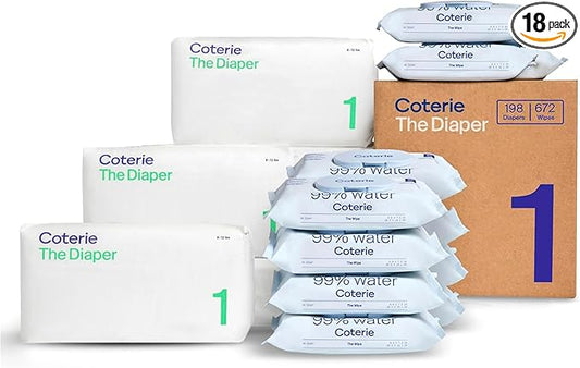Coterie Baby Wipes + Diapers Kit, Size 1 Diapers (198 Count) & 12 Pack (672 Count) Baby Wipes with 99% Water, Plant Based Materials, Hypoallergenic for Sensitive Skin
