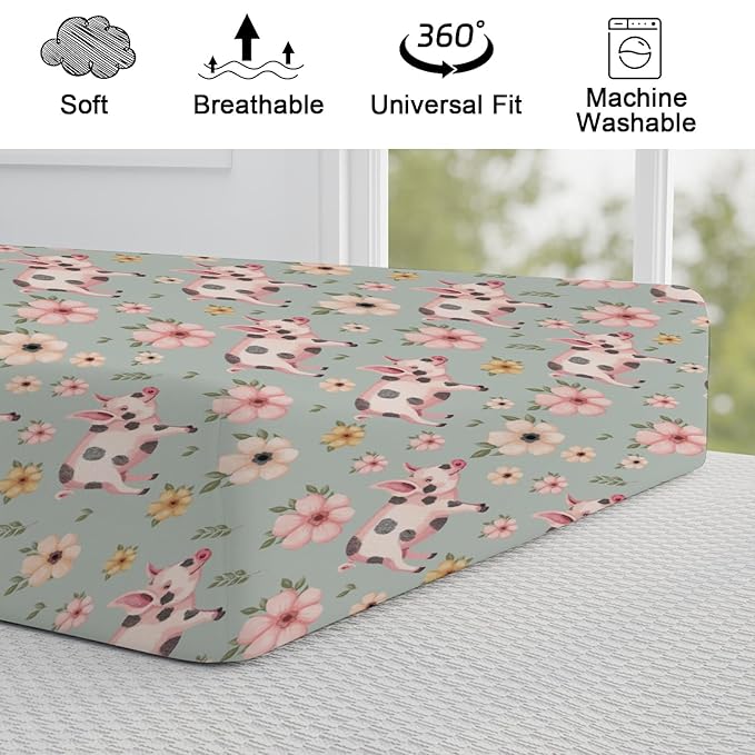 Lovely Pigs Boho Floral Changing Pad Cover Baby Pig Retro Flowers Change Table Cover for Baby Boys Girls Farm Animal Life Soft Breathable Stretch Fitted Changing Mat Sheets Cover 32''x16''