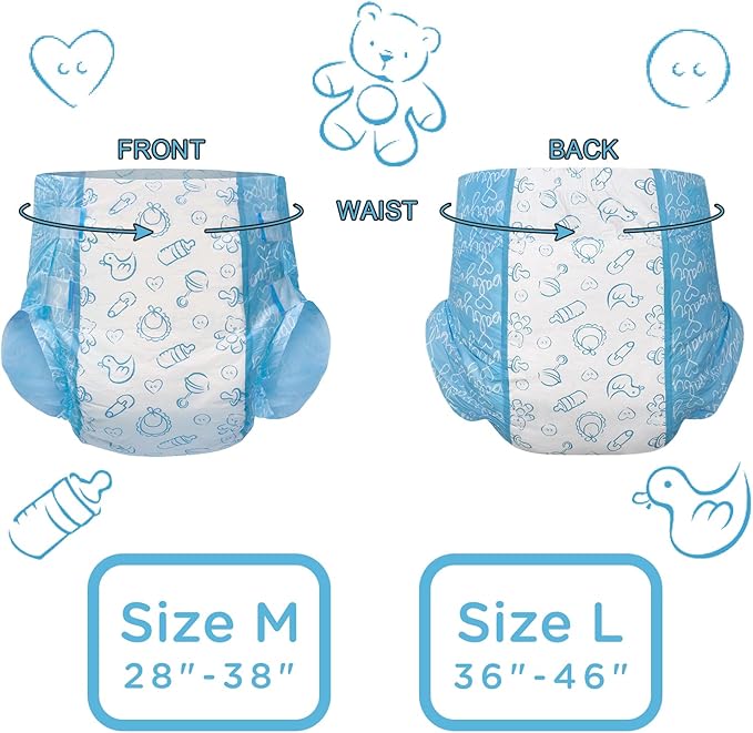 Littleforbig Adult Printed Diaper 40 Pieces (4 Packs) - Nursery Blue (Large 36"-46")