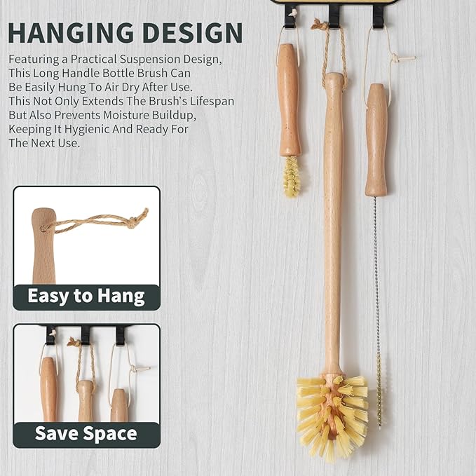 DEBETOOL Natural Bottle Brush Set 3-in-1-13.7 Inch Long Handle Wooden Bottle Brush for Cleaning, Water Bottle Cleaner Brush for Cups & Wide Mouth Jars