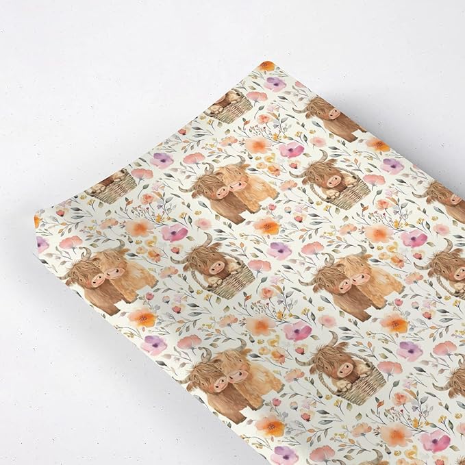 Cartoon Highland Cow Flowers Floral Baby Changing Pad Cover,Unisex Western Farm Animals Cow Nursery Diaper Changing Table Pad Mat Sheet for Boys Girls-16x32