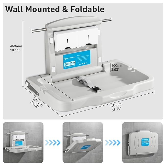 Commercial Baby Changing Station Wall-Mount: Modunful Foldable Diaper Changing Table with Safety Straps for Home/Restaurants/Hotels/Schools/Airports