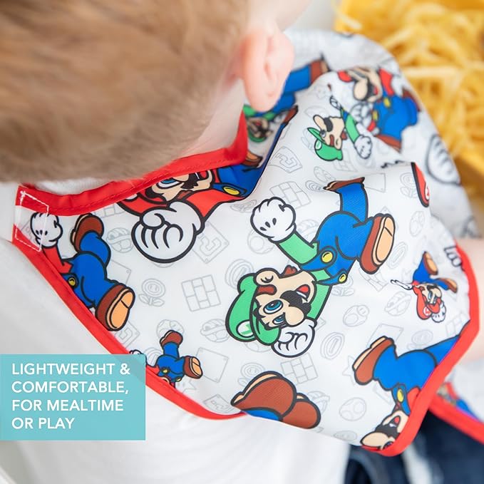 Bumkins Nintendo Super Mario Short Sleeve Bib for Girl or Boy, Toddler and Kids for 1-3 Years, Large Size, Essential Must Have for Junior Children, Eating, Play, Mess Saving Soft Fabric Apron, 2-pack