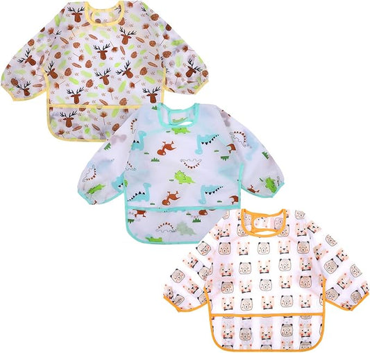 Accmor 3 Pack Long Sleeve Bibs, Baby Smock Waterproof Sleeved Bib Smock for Baby Toddler 6-36 Months