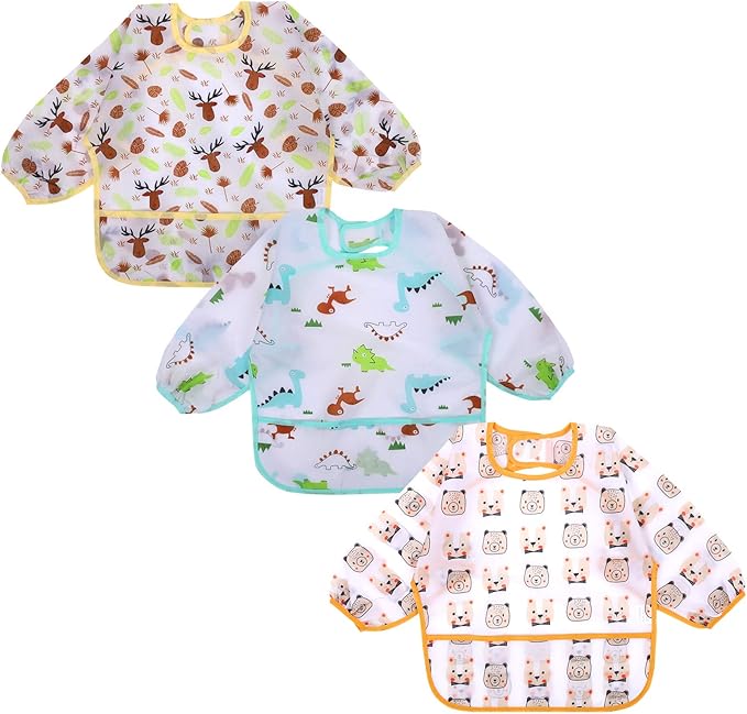 Accmor 3 Pack Long Sleeve Bibs, Baby Smock Waterproof Sleeved Bib Smock for Baby Toddler 6-36 Months