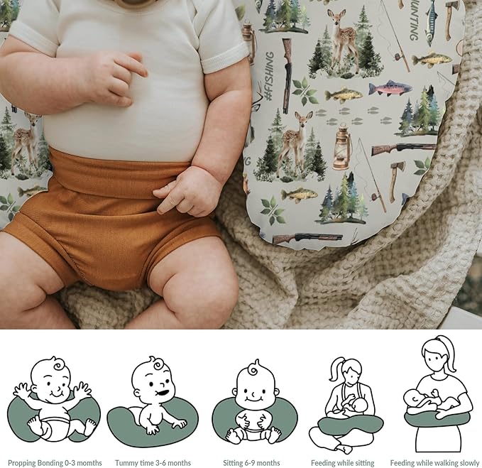 Fishing Hunting Baby Nursing Pillow Covers for Boy Girl Bass Fish Deer Paws Green Trees Nursery Pillowcase for Breastfeeding Pillows Nature Hunting Animals Soft Stretchy Slipcover for Newborn Infant