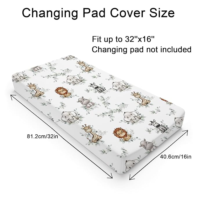Baby Safari Animals Green Leaves Changing Pad Covers Lion Elephant Giraffe Zebra Hippo Boho Leaf Diaper Change Table Pad Covers for Girl Boy Soft Breathable Stretch Changing Mat Sheets 32''x16''