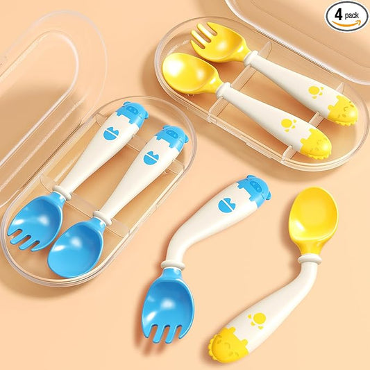 Deejoy Toddler Utensils, Self-feeding Flatware Set withTravel Case, Baby Spoons and Forks with Silicone Bendable Handle, Easy Grip Heat-Resistant, Ideal for Kids, Stage 2, 2 Sets Yellow+Blue