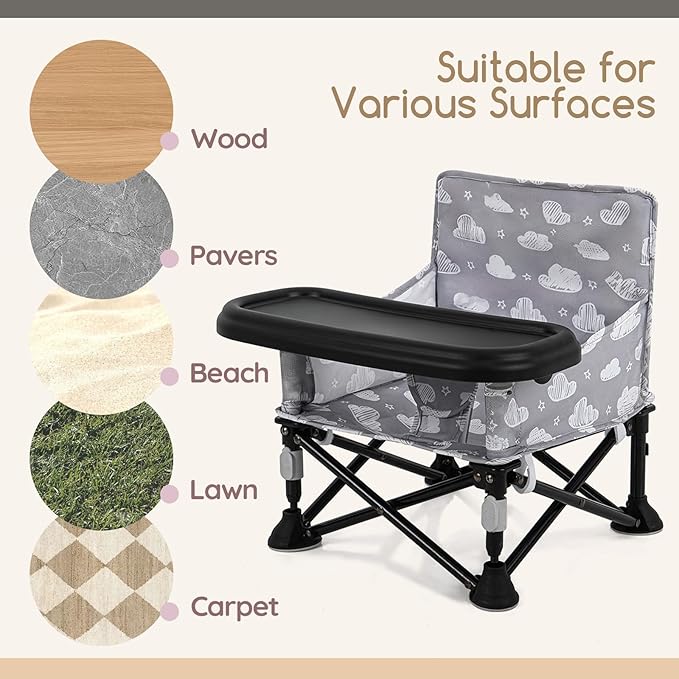 Toddler Booster Seat for Kitchen Chair & Travel - Portable Foldable with Removable Tray, Baby Camping Chair 6-36 Months Indoor Outdoor (White Cloud Design)