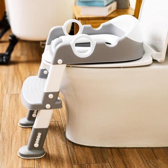 Potty Training Seat with Step Stool Ladder for Kids and Toddler,Wiifo Sturdy Potty Ladder with Soft Padded Cushion for Boys and Girls,Toddler Toilet Training Seat Chair(Grey White)