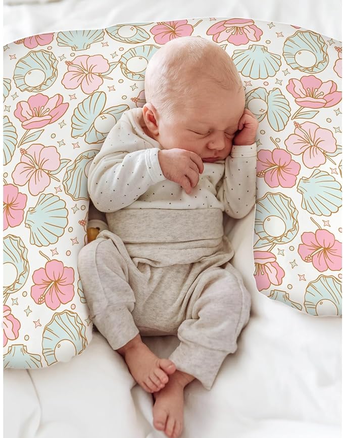 Boho Summer Mermaids Floral Nursing Pillow Covers for Boy Girl Beach Seashells Conch Tropical Flowers Nursery Slipcovers for Breastfeeding Pillows Ocean Marine Soft Stretchy Cover for Newborn Infant