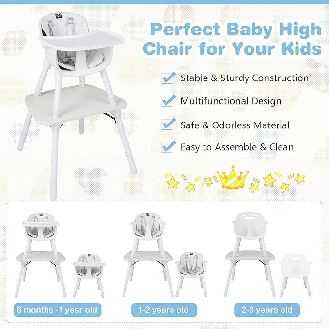 BABY JOY High Chair, 5 in 1 Convertible Highchair for Babies & Toddlers | Booster Seat | Table and Chair Set | Infant Feeding Chair with Removable Tray, Safety Harness, Removable Cushion (White)
