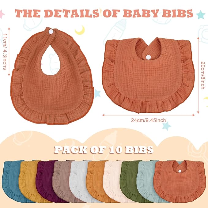 Seematn 10 Pcs Baby Muslin Bibs for Unisex Girls & Boys Drool Bibs Bandana Ruffle Soft Cotton for Newborn Infants Toddlers(Classic Colors)