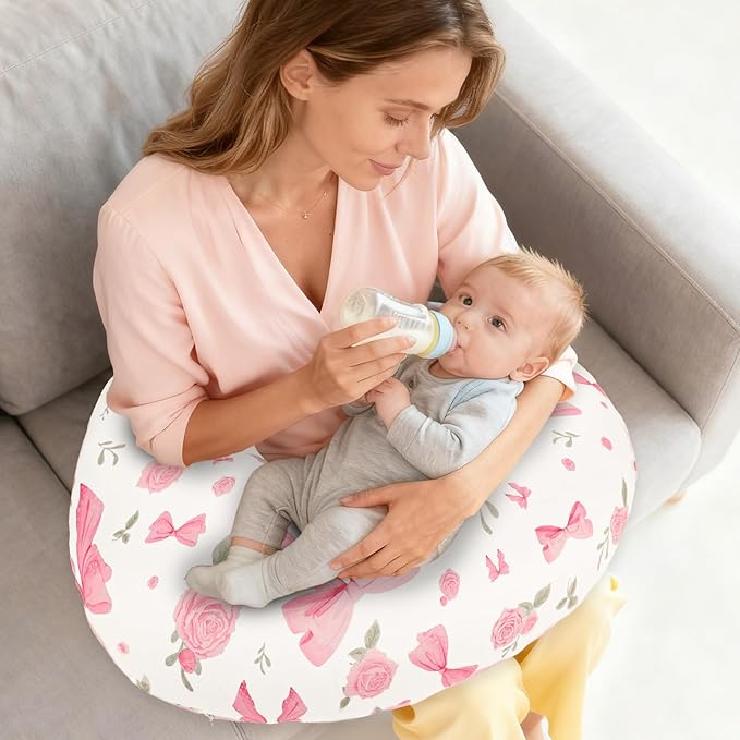 Nursing Pillow Cover, Ultra Soft Breastfeeding Pillow Covers for Newborn Baby Boys and Girls, Easy Removal and Machine Washable Slipcover, 1 Pillowcase Only (Pink Rose)