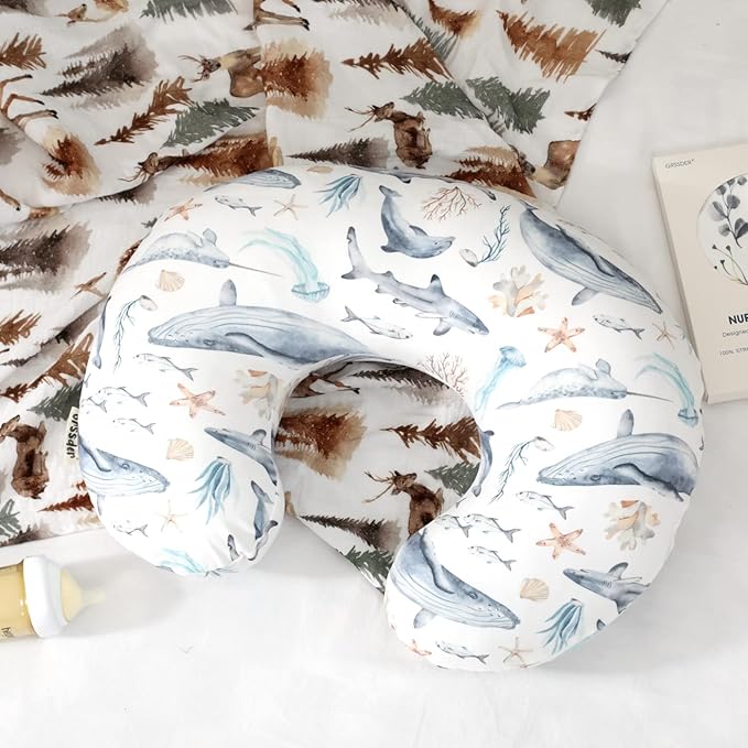 GRSSDER Nursing Pillow Cover Stretchy Minky Removable Nursing Covers for Breastfeeding Pillows, Ultra Soft Comfortable Slipcover for Girls and Boys, Whale Sea World Pattern