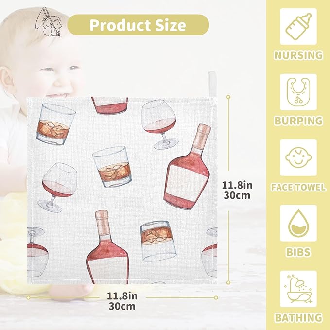 vvfelixl Baby Muslin Washcloths Whiskey Bottles Glasses Baby Burp Cloths Cotton Baby Face Towel for Newborn Infants Boys Girls Soft and Absorbent 11.8 X 11.8 in, 3 Pack