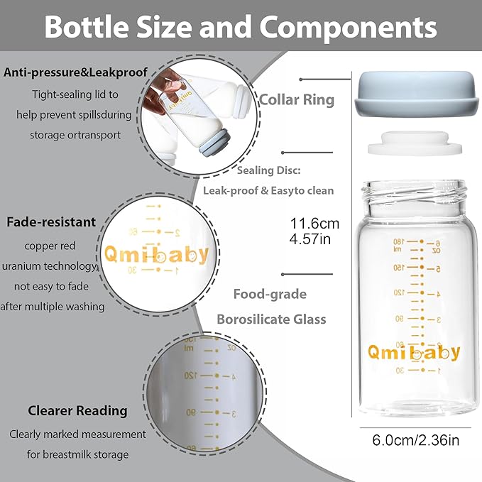 Glass Breastmilk Storage Bottles 180ml 6oz BPA-Free Leak-Proof Natural Baby Bottle Wide Neck with Screw Ring Sealing Disk for Breastfeeding Grey 4 Packs