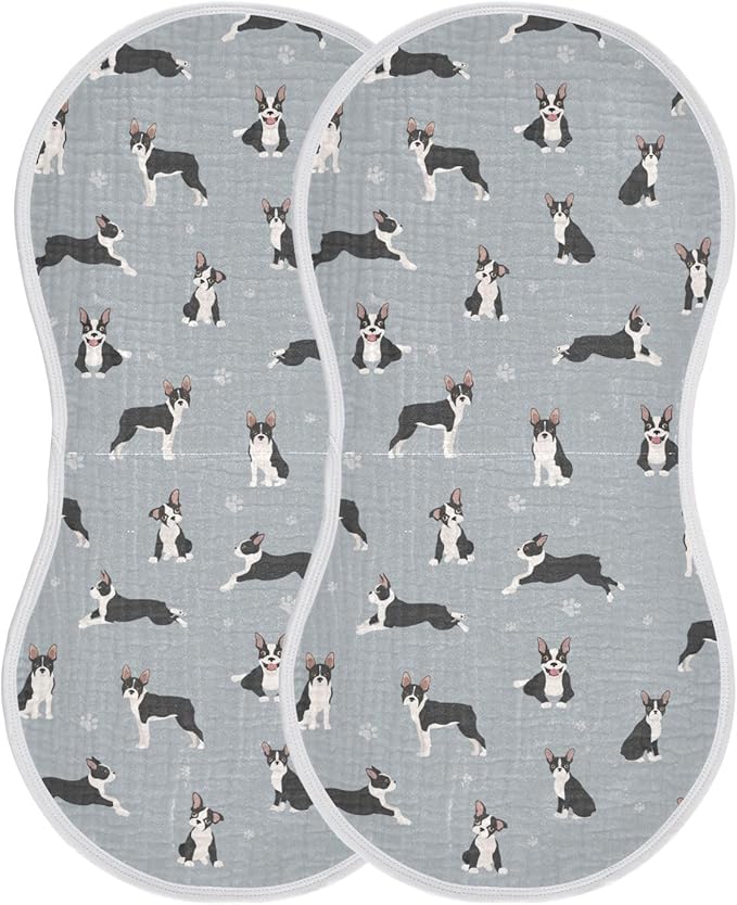 Muslin Burp Cloths for Baby Boys and Girls - 2-Pack Ultra Absorbent Boston Terrier Dog Muslin Washcloths, Newborn Towel, Milk Spit Up Rags, Burp Cloth Bibs for Unisex, 22 x 11 Inch