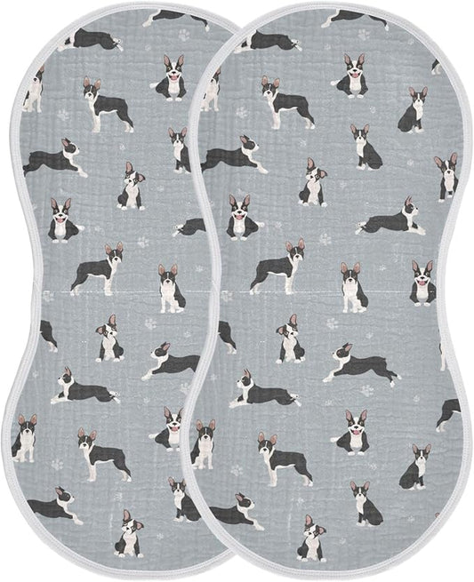 Muslin Burp Cloths for Baby Boys and Girls - 2-Pack Ultra Absorbent Boston Terrier Dog Muslin Washcloths, Newborn Towel, Milk Spit Up Rags, Burp Cloth Bibs for Unisex, 22 x 11 Inch
