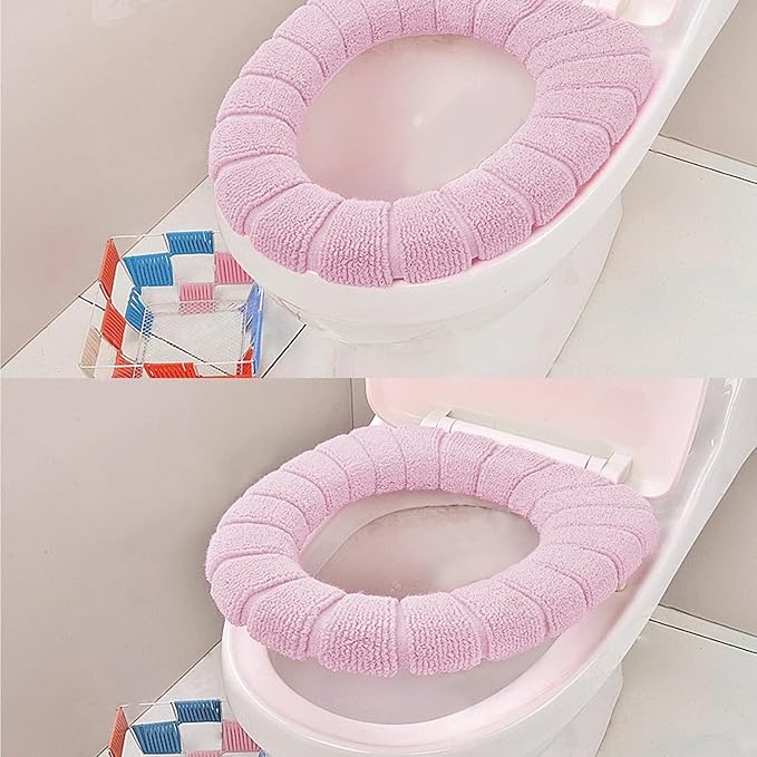 2 PCS Soft Thicker Plush Bathroom Toilet Seat Cover Pads Stretchable Washable Cloth Design for Universal Fit O/U/V/Rectangular Toilets (Lavender)