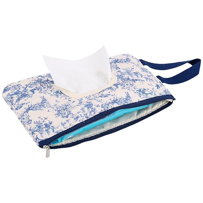 Quilted Baby Wipe Holder, Canvas Floral Quilted Pouch with Hanging Strap, Portable Diaper Wipe Holder for Travel Stroller-Classic Blue
