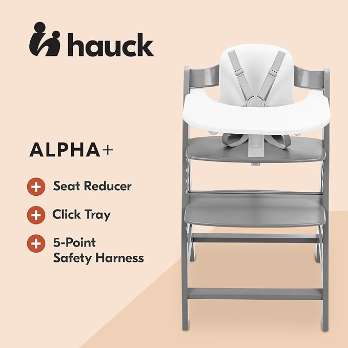 hauck Adjustable Wooden High Chair for Babies and Toddlers - Includes Baby Insert, Tray & Safety Harness - Grows with Child up to 198 lbs - Gray