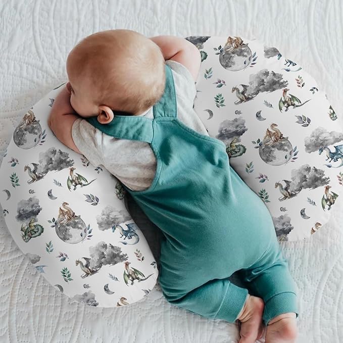 Watercolor Dragons Baby Nursing Pillow Covers for Boy Girl Fairytale Dragon Wings Leaves Nursing Slipcovers for Breastfeeding Pillows Dragon Moon Cloud Soft Stretchy Removable Cover for Newborn Infant