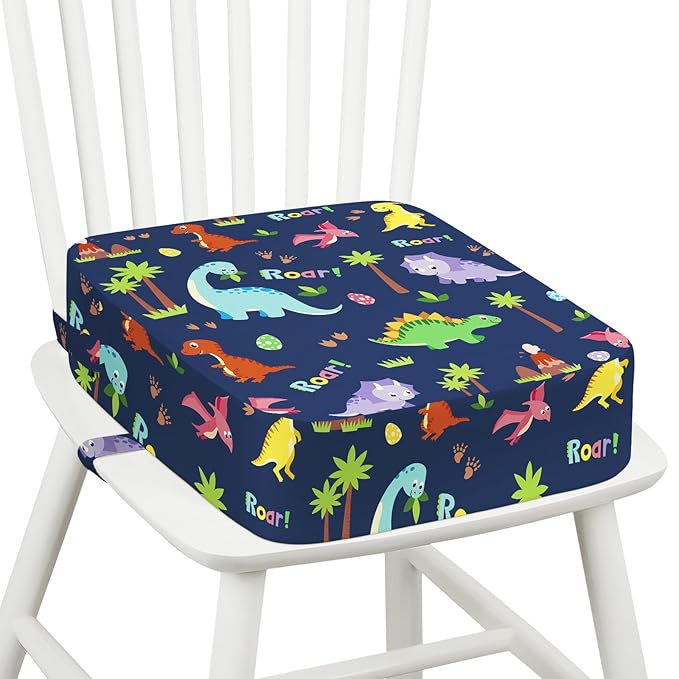 Toddler Booster Seat for Dining Table Kitchen Chair, Kids Booster Seat with Non-Slip Bottom and Adjustable Straps, 4" Detachable Washable Portable Travel Increasing Cushion (Cute Dinosaur)