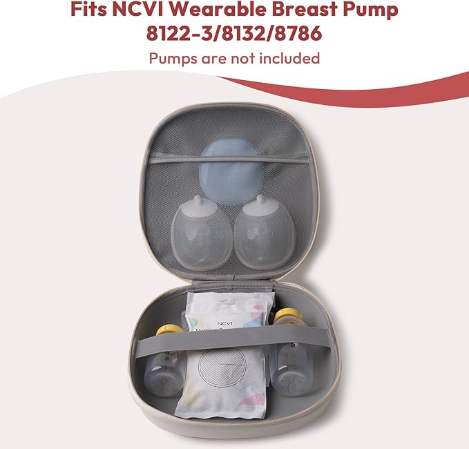 NCVI Breast Pump Carrying Case for Pump Parts and Bottles, Portable Wearable Pump Travel Bag Organizer for Working Moms, Durability Hard Shell, Interior with 3 Compartments through Mesh Bag, Beige