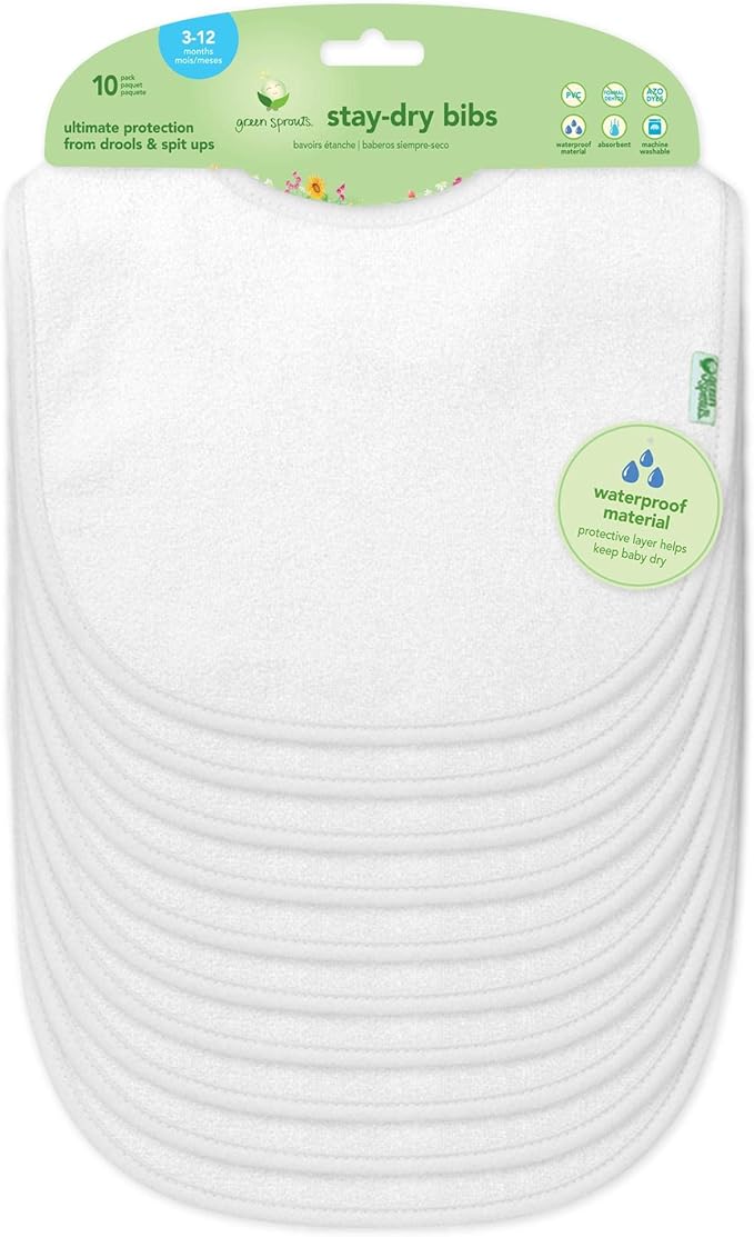green sprouts Stay-dry Baby Bibs (10 pack) Waterproof protection, Adjustable hook-&-loop closure, Machine washable