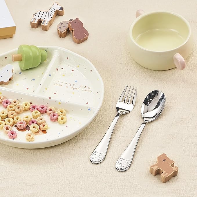 KINGSTONE 2-Piece Toddler Utensils Set, Small Fork & Spoon with Storage Case, 18/10 Stainless Steel, Cat & Dog Print, Lightweight, Ergonomic for Self-Feeding, Travel & Portable Baby Flatware