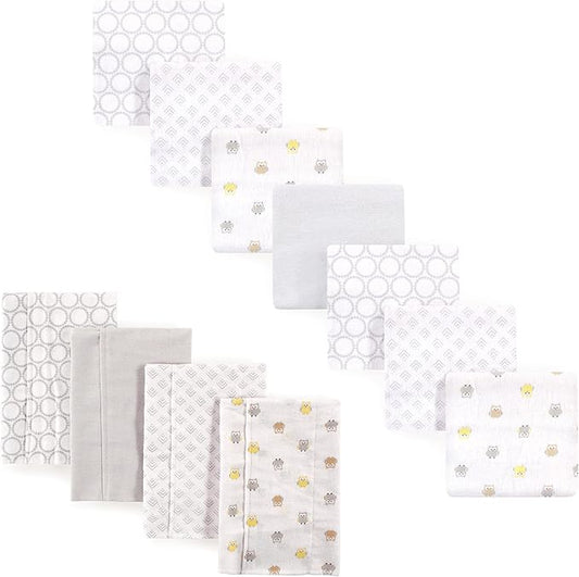 Luvable Friends Unisex Baby Cotton Flannel Burp Cloths and Receiving Blankets, 11-Piece, Owl, One Size