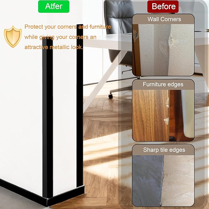 4PCS 48" Metal Corner Protectors, Aluminum Self Adhesive Corner Guards, Metal Wall Edge Protector Strip, Furniture Corner Protectors, Edge Trim for Cabinets and Kitchen Islands (Black, 48"x1"x1")