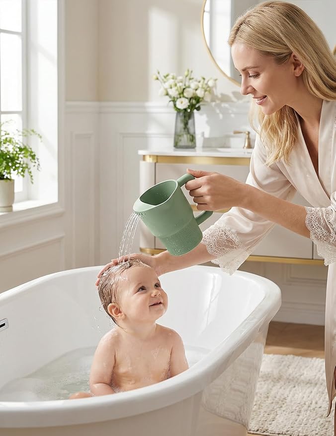Roslim Silicone Baby Bath Rinse Cup - Shampoo & Body Washing Rinser for Kids & Toddlers, Lightweight Bath Cups for Rinsing Hair, Easy-Grip Handle, Ultra Soft Material (Olive Green)