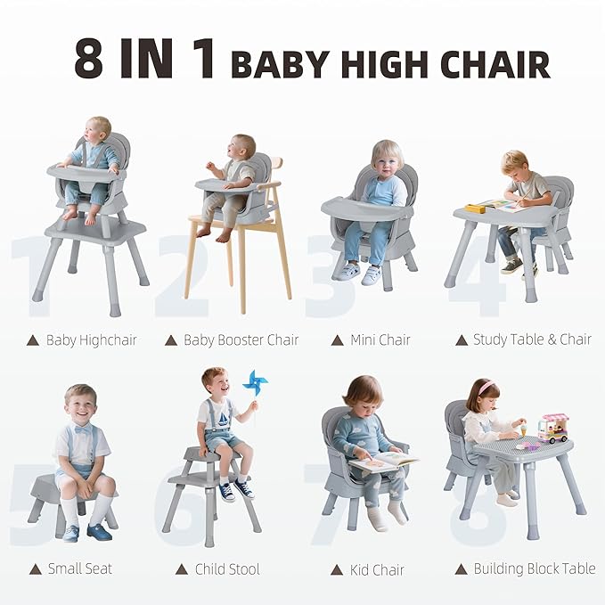 Baby High Chair, 8 in 1 Convertible Highchair, Booster Seat, Building Block/Activity Table, Stool, Feeding Chair with Dishwasher-Safe Tray, High Chairs for Babies and Toddlers (Gray)