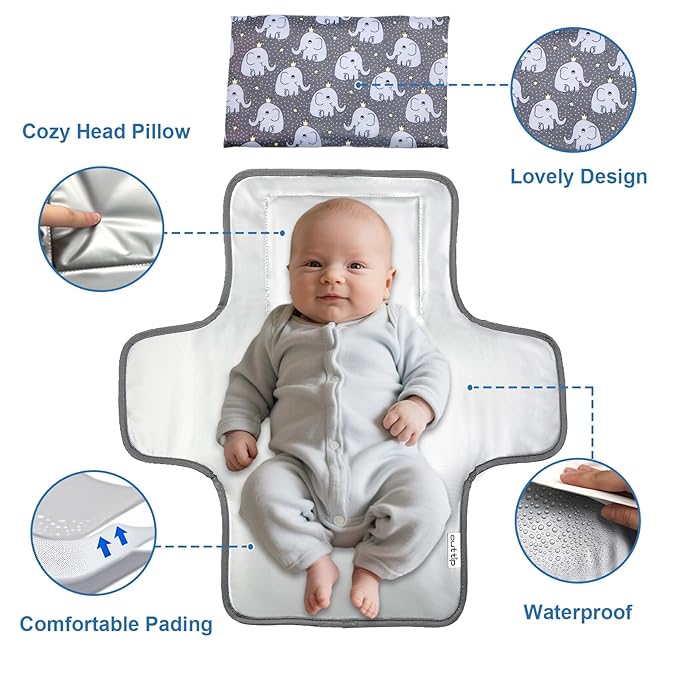 Cute Elephant Portable Diaper Changing Mat,Waterproof Foldable Travel Changing Pad,On-The-Go Wipeable Reusable Changing Pad,Waterproof & Compact,for Diaper Bags,Travel,Car Backseat Changes,Strollers