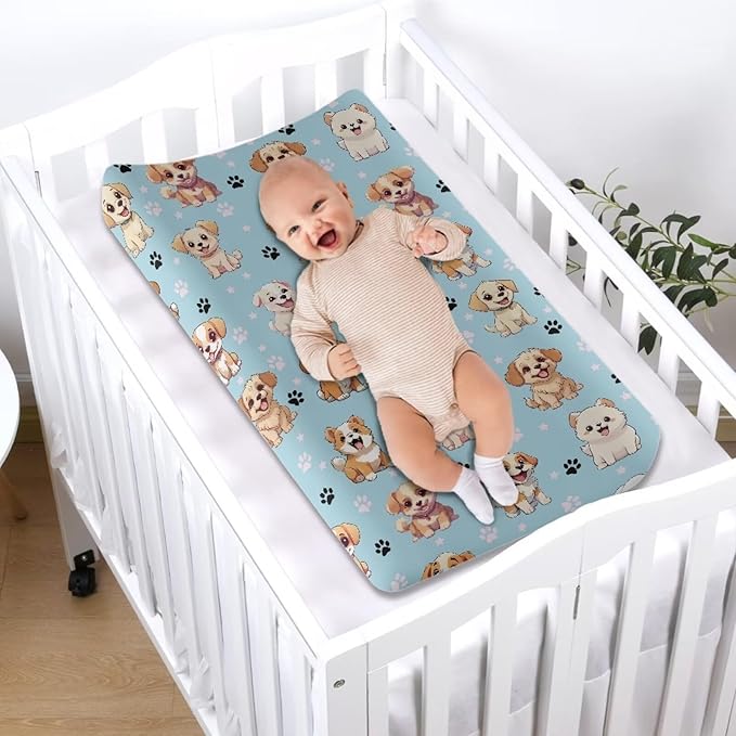 ZDCUSTOM Dog Pattern Changing Pad Cover Soft Breathable Diaper Changing Table Pad Cover Cradle Mattress Sheets Stretchy Fabric Washable Diaper Change Sheet Crib Mat