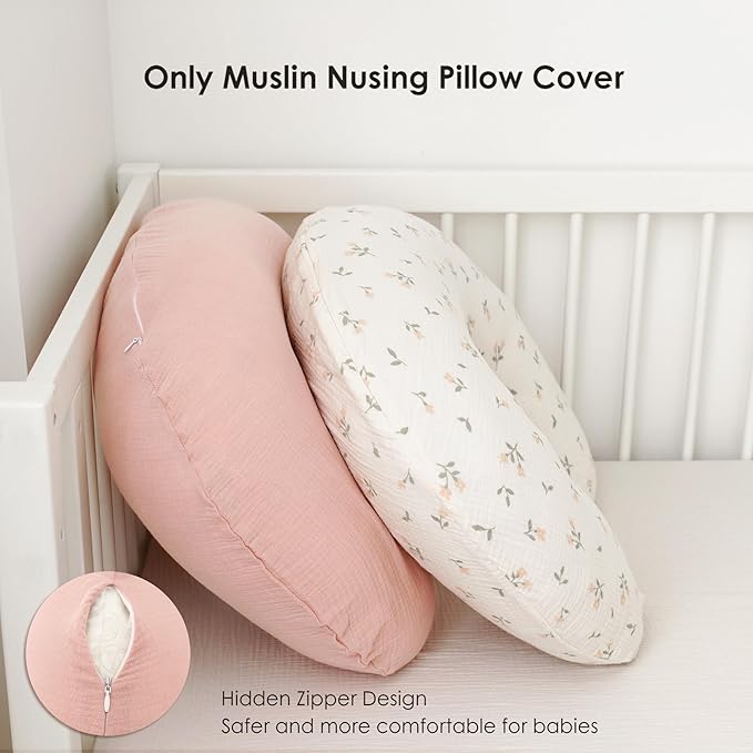 MairMore 2-Pack Muslin Nursing Pillow Covers, Breathable 100% Cotton Breastfeeding Pillow Slipcovers for Standard Nursing Pillows, Soft Covers for Baby Girls and Boys with Zipper