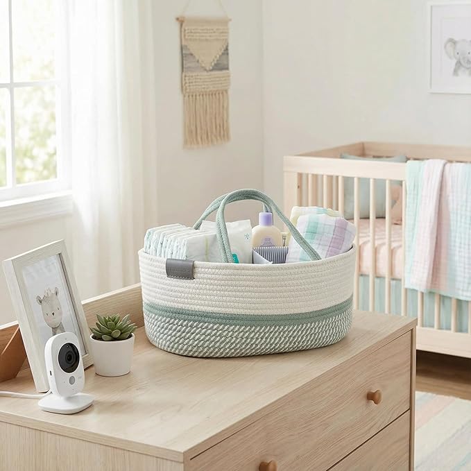 DECOMOMO Baby Caddy Organizer, Mother's Day Diaper Caddy Basket, Baby Baskets for Baby Shower (Sage Green & White, Large)