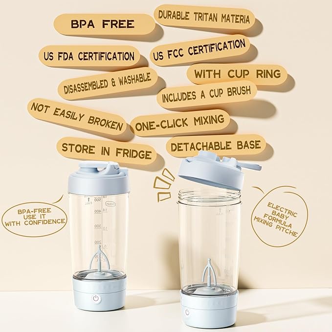 Electric Formula Mixing Pitcher, Portable Baby Formula & Breastmilk Mixer, Automatic Formula Maker with Bidirectional Stirring, Wide Mouth Fridge Storage Container, BPA-Free Tritan Milk Pitcher, Blue