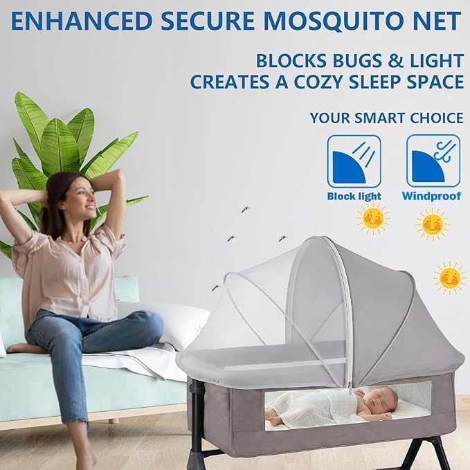 Portable Bassinet Cover for Cats & 2-Way Zipper, Half-Blackout Mosquito Net with Sunshade, Breathable Bassinet Net Cover, Mosquito Net for Baby Crib to Keep Cats Out （Grey）