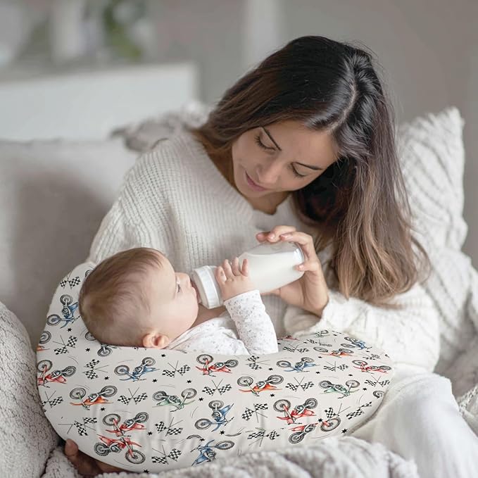 Vintage Motor Dirt Bike Nursing Pillow Cover Ultra-Soft Comfortable for Baby Girls Boys Cute Race Bikes Plaid Checker Flag Stars Breastfeeding Pillow Slipcovers for Standard Nursing Pillows
