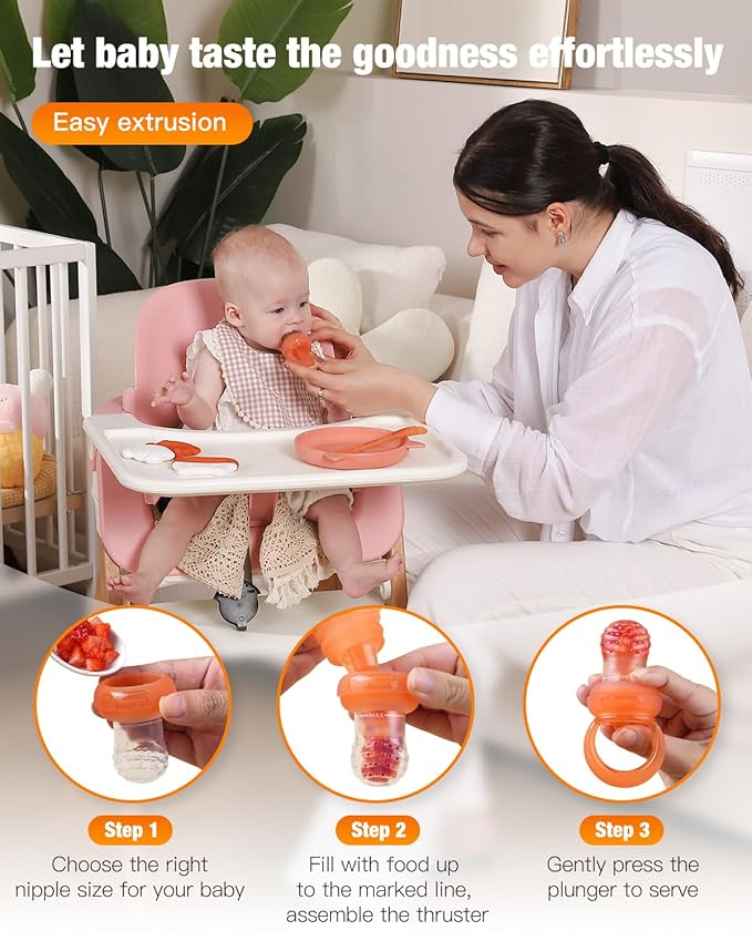 Silicone Baby Fruit Food Feeder & Breastmilk Popsicle Molds Combo, Silicone Feeder for Safe Infant Self Feeding, 6+ Month (Orange)
