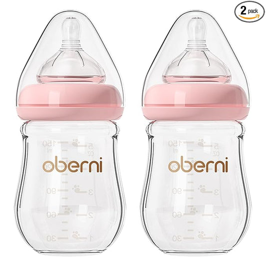 Oberni Glass Baby Bottles,Anti Colic Breastfeeding Bottle with Natural Response Nipple Size S,Wide Neck Slow Flow Baby Bottle for Baby,Newborn,Preemie 0-3 0-6 Month,BPA Free (Pink, 2 Pack, 5 Ounce)