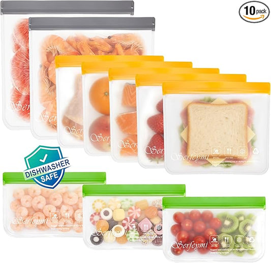 Serfeymi 10 Pack Reusable Gallon Freezer Bags Dishwasher Safe, Extra Thick Reusable Plastic Bags BPA Free, Leak Proof Food Storage Bags with 3 Sizes for Meat, Travel - 2 Gallon 5 Sandwich 3 Snack