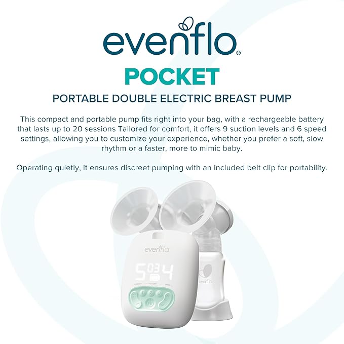 Evenflo Pocket Portable Double Electric Breast Pump, White, 20 Pumping Sessions per Charge, 9 Suction Settings, 3 Memory Presets