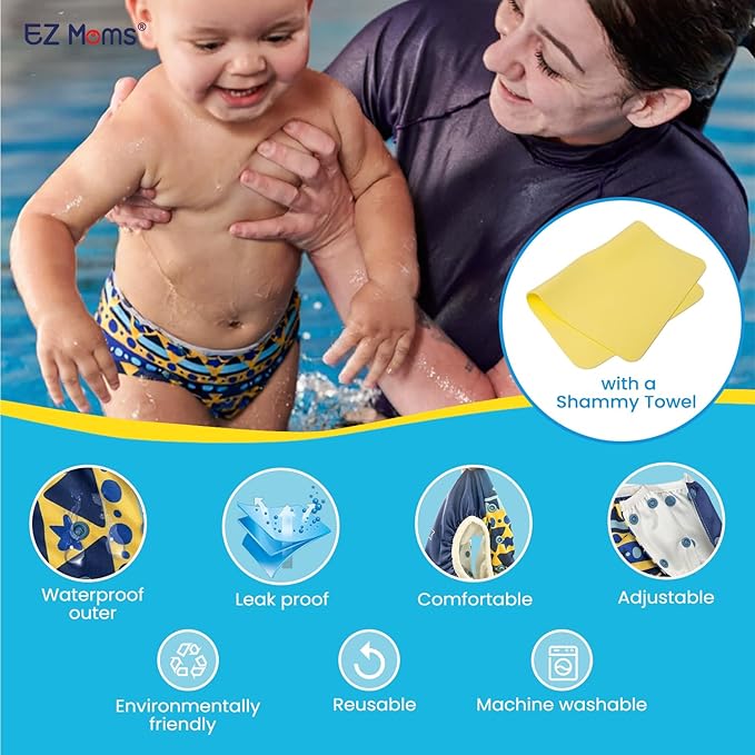 EZ Moms Baby Swim Diapers Reusable 2Pcs Snap One Size Adjustable Washable Newborn Infant Swim Diaper with a Shammy Towel for Baby Boy Water Diaper Waterproof Swimming Diapers for Swimming Lessons